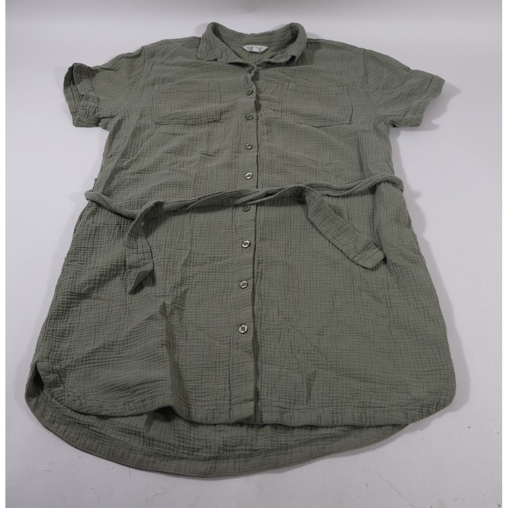 Weatherproof Vintage Dress Womens L Green Gauze Shirt Button Down Belted Cotton